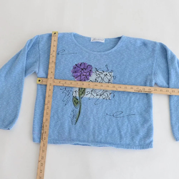 Vintage Victoria Blue with Purple Floral Knit Scoop Neck Cropped Sweater S - Picture 4 of 9